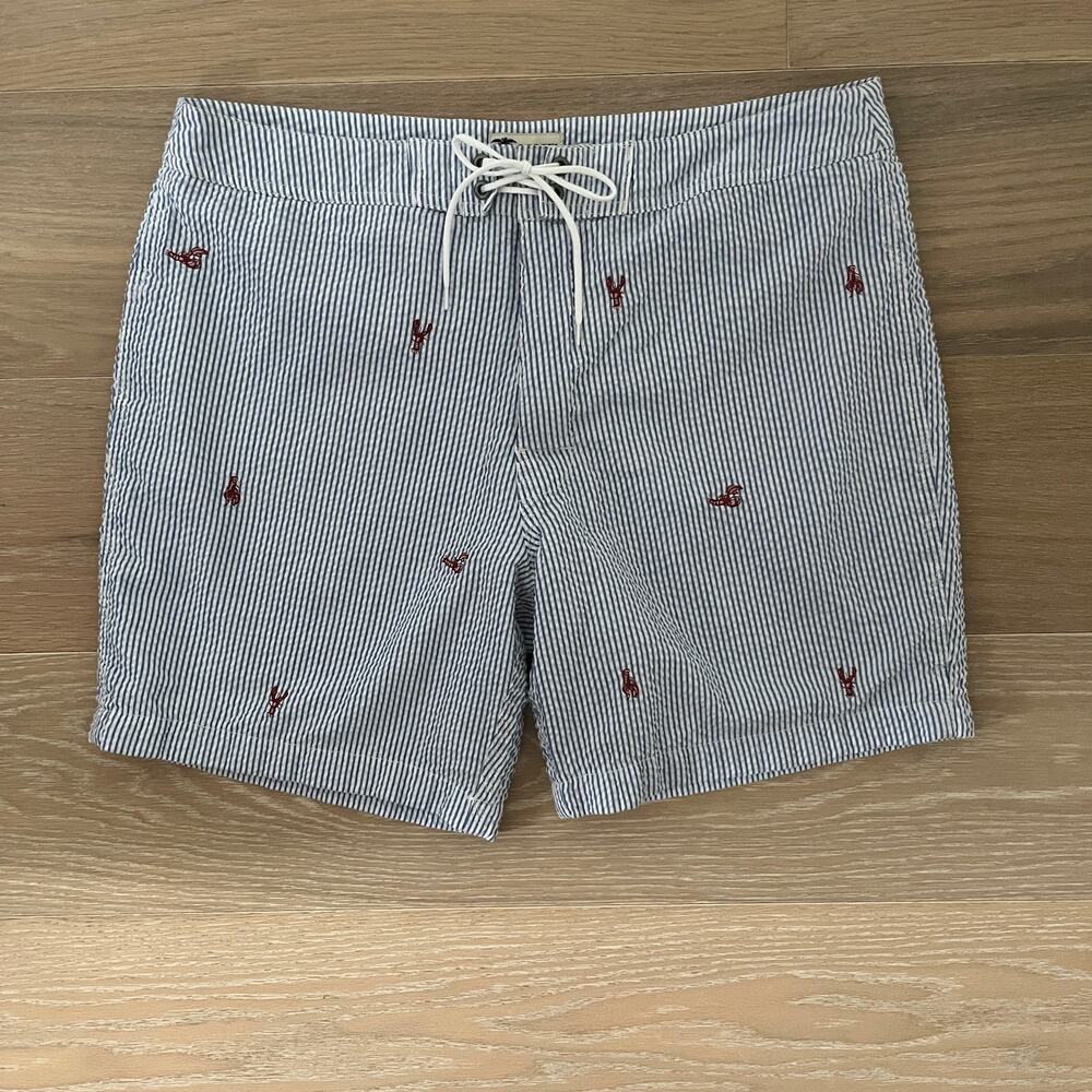 J Crew Mens Swim Shorts Seersucker Striped Lobster embroidered 7" sz 34 - Picture 1 of 4